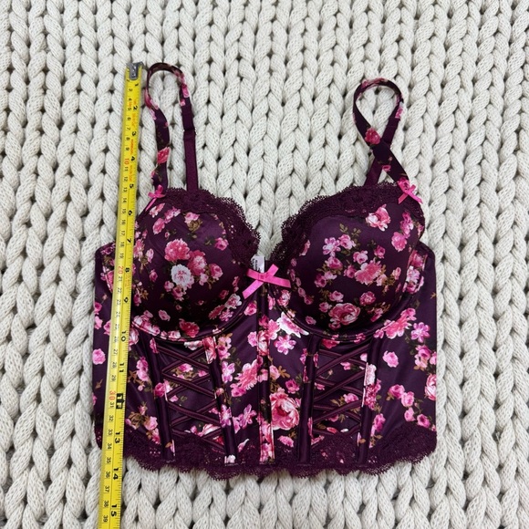 NWT Victoria’s Secret Dream Angels Burgundy Floral Lace Up Corset Bra Top Sz 32C - Picture 10 of 11